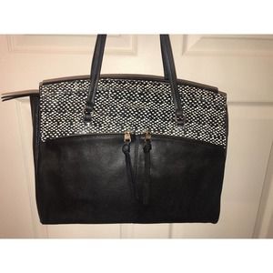 Cole Haan Large Leather Tote Bag, Black and Off White Animal Print Shoulder Bag